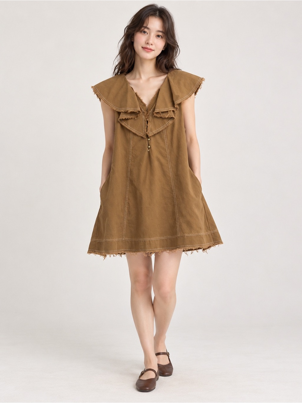 Miou Muse Brown Cotton Sailor Collar Mini Dress Size Small